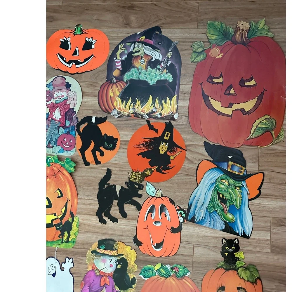 Vintage 30 Halloween Die Cut Paper Decorations Lot Witches Ghosts Cats Pumpkins